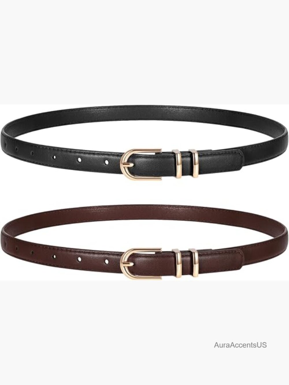 2 Pack Women Skinny Faux Leather Belts with Gold Buckle for Jeans Pants